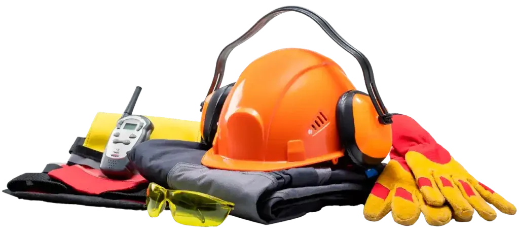 ชุดอุปกรณ์ PPE หมวกนิรภัย ที่ครอบหู แว่นตา ถุงมือ และเครื่องตรวจวัดแก๊ส